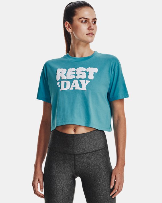 Women's UA Rest Day Verbiage Crop Short Sleeve in Blue image number 0